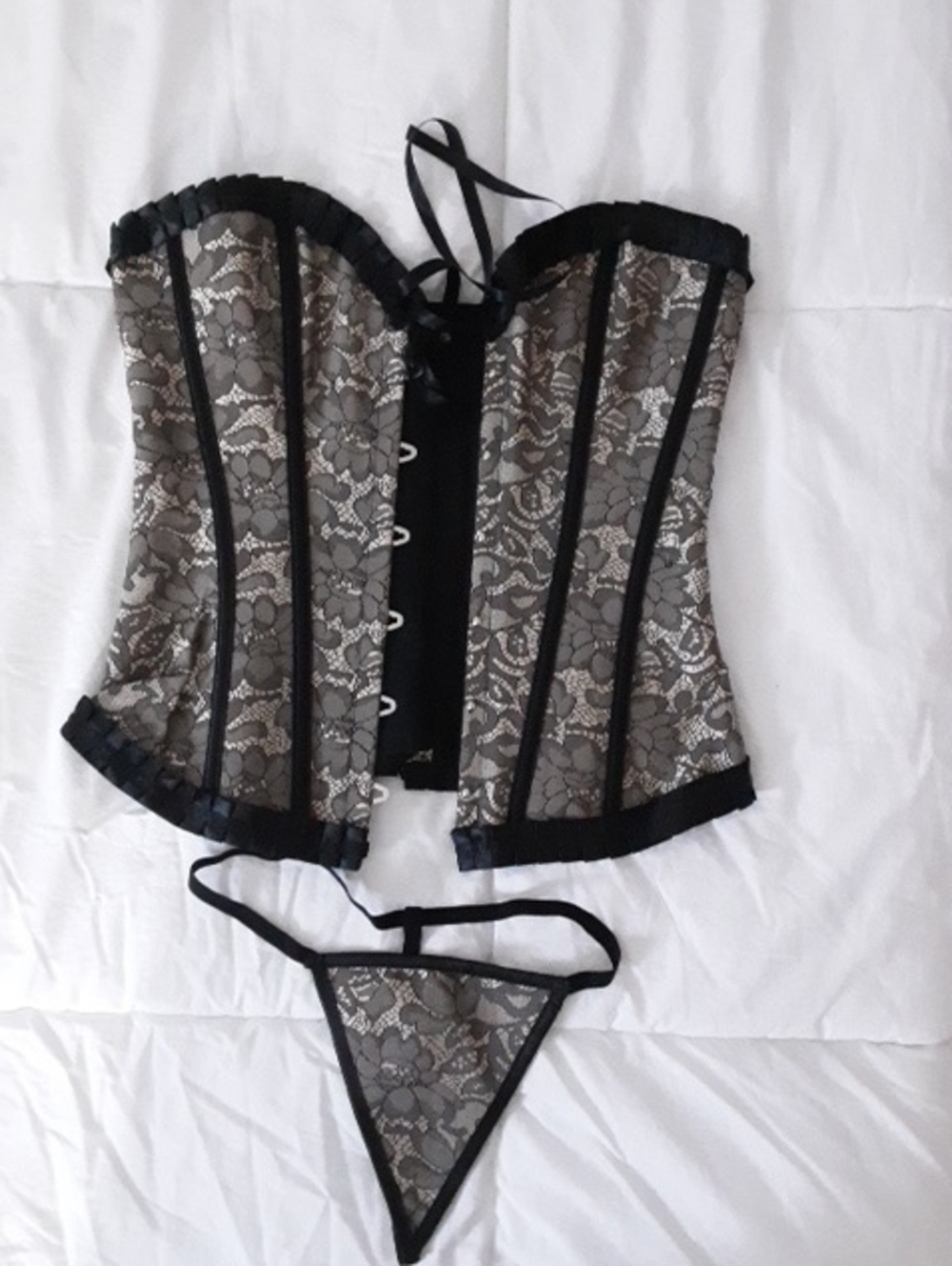 Black and Gray Lace Bustier Corset with Matching Thong